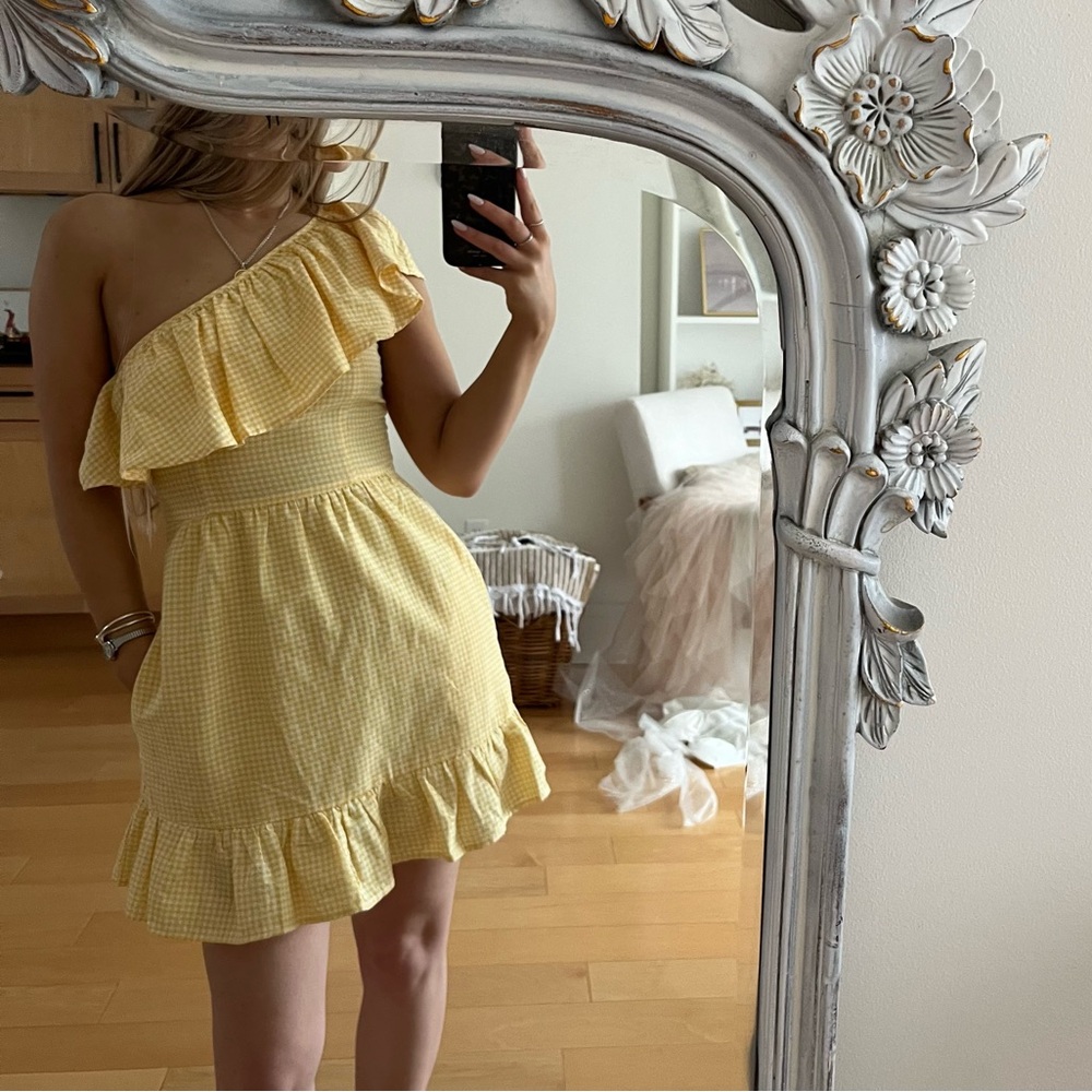 Yellow gingham ruffle mini dress
